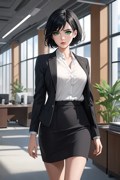  (masterpiece,  best quality, 8k,  high definition ), whole body,  1 girl ,  short black hair, Mid-chest,  soft Green Eyes ,  soft lips , Beautiful face,  office clothes including white blouse, black jacket, black skirt,  natural light,  detailed backgroun...