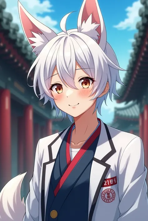 Anime images, 4K,man, Age 25, white hair, Handsome Korean face, kitsune ears, kitsune tails, wear uniform japan boy, On the nerves , getting handsome , Go to school, Background of ancient Chinese buildings, face((smile with close mouth, and eyes squinting ...