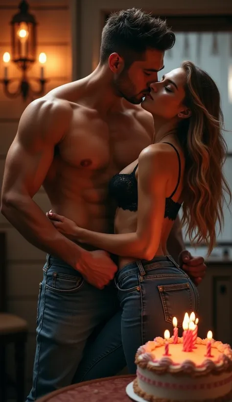 sexy woman in bra and tight jeans sitting over a man shirtless in jeans muscular body, celebrating birthday cake , sexy figure woman hourglass , romantic , woman sitting over woman , indian