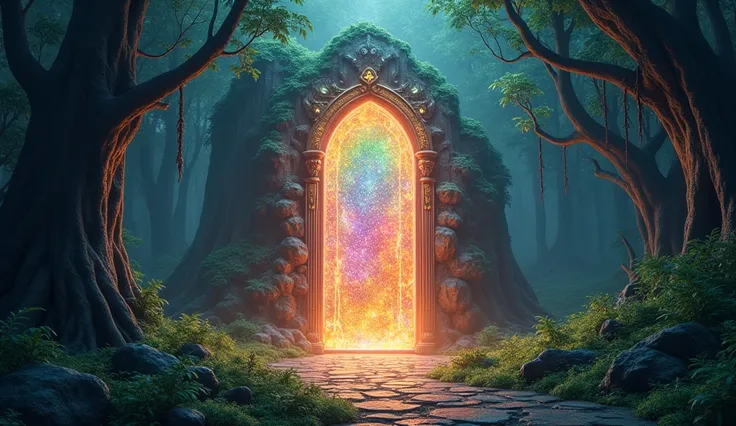 A giant shimmering magical door in a mystical forest, glowing with rainbow colors, opening to reveal a fantastical world inside."