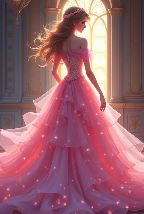 webtoon art of a woman wearing pink offshoulder super fairy starry sexy front ballgown in the castle