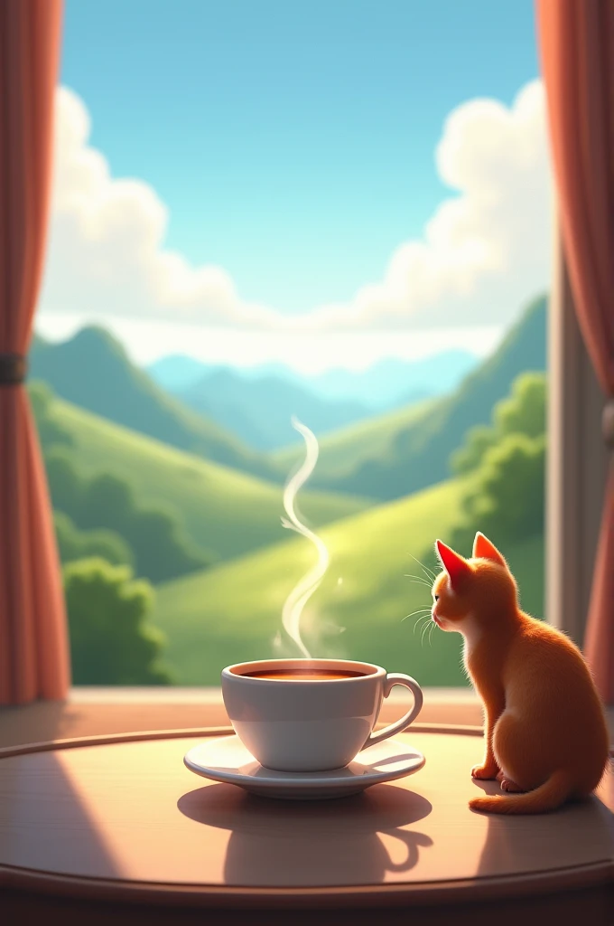 A cup of coffee on a table facing the window that has a beautiful landscape with a cat