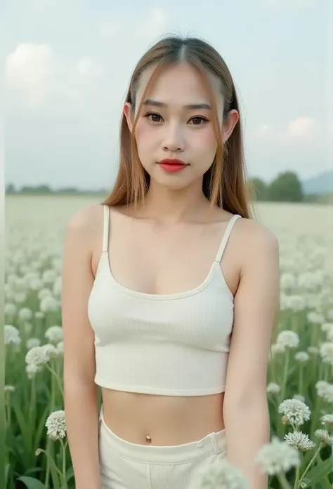 A 25-year-old Korean woman wearing a white knitted tank top and shorts stands amidst a field of white flowers. The daylight shines on her skin, making it stand out. She looks at the viewer, deep focus.