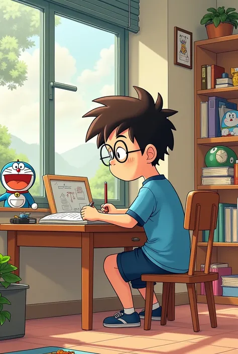 cartoon nobita in doraemon studying at his room