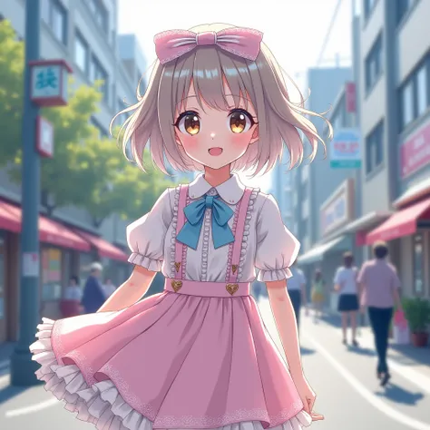 1 girl, solo, (short hair), Japanese idol, perfect figure, beautiful eyes, double eyelids, Lolita fashion, colorful pastel clothes, downtown Harajuku, big smile, upper body, blowing wind, slender body