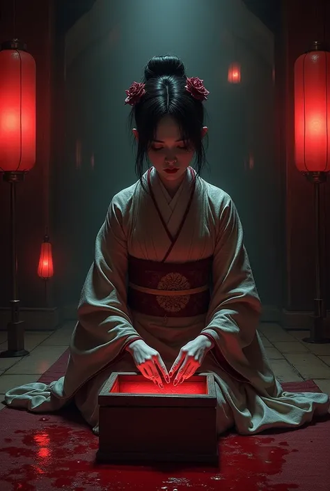 A haunting depiction of a courtesan in the Yoshiwara red-light district during the Edo period, offering her pinky finger in an eerie ritual. The dimly lit room features the courtesan in an elaborate kimono, seated expressionlessly as blood drips from her p...