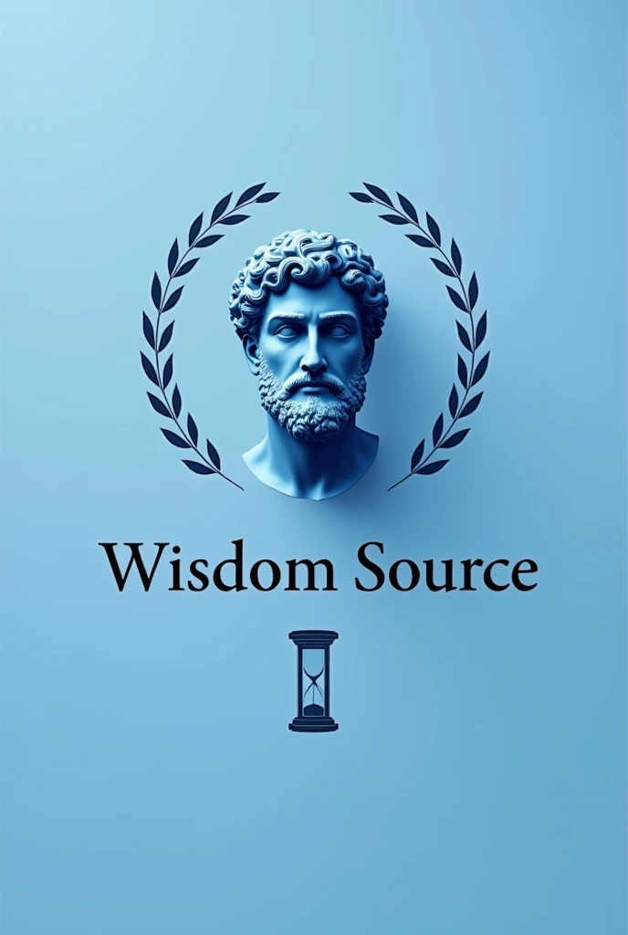 Wisdom Source" with a minimalist design, featuring a classical bust of Marcus Aurelius to symbolize Stoic wisdom. Include the channel name "Wisdom Source" in a clear, readable font using a blue color palette. Incorporate subtle icons like an hourglass or l...