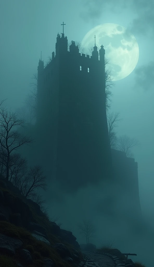 A spooky, abandoned fortress at night, surrounded by dense fog. The walls are cracked, covered with ivy, and the atmosphere is eerie with a faint moonlight illuminating the scene.