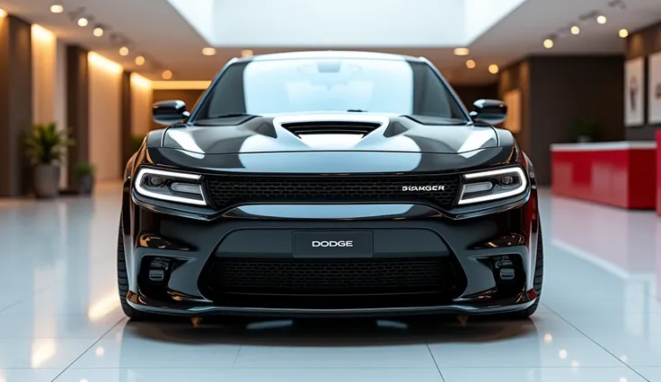 Close Front view of painted black with shiny clour 2025 Dodge charger Daytona sleek in large shape sedan in large size with Dodge charger logo on its large detailed grille in shiny white clour with angular sporty design captured from close Front view with ...