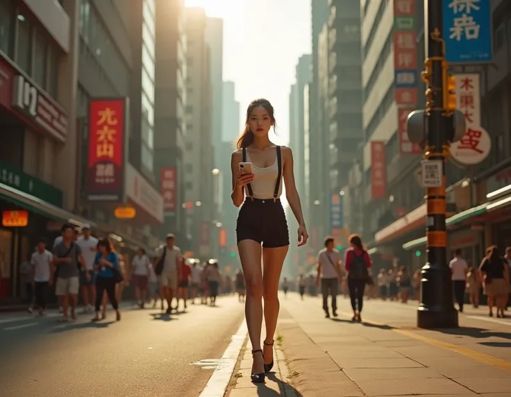 Street photography in Central, Hong Kong, beautiful Asian girl, tall, black suspenders, high heels, ponytail, sunny, super realistic style, photography, portrait photography, walking forward (holding mobile phone).