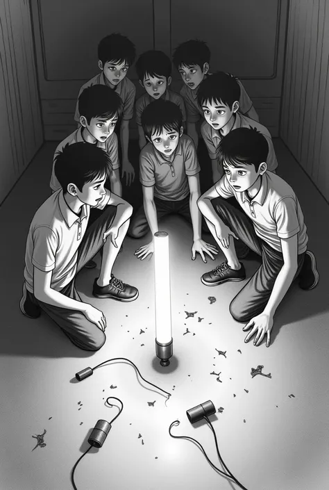 broken tube light scattered in ground all boys students feareed... outline pencil drawing 