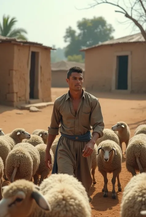 Cristiano Ronaldo is working as a shepherd in a poor, rural village. He is wearing simple, traditional clothing and is herding sheep in a dusty, dry field. The village is small and humble, with basic houses made of wood and stone. The atmosphere is peacefu...