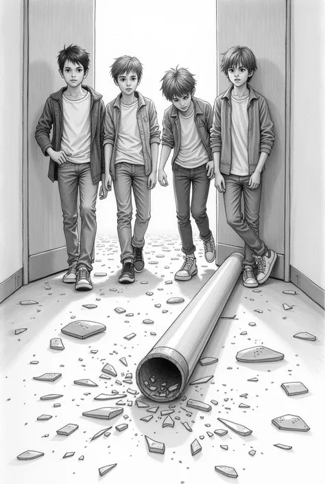 broken tube light scattered in ground so many boys students feareed... outline pencil drawing 