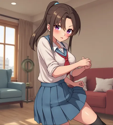 Make her wear a sexy school uniform,Playful face