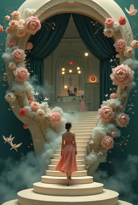 surrealism artwork, A woman in dress walking upstairs in the floating Victorian staircases with sculpture flower, a victorian theatre stage emerging from a sculpture womans head with flowers and clouds, inside the theatre stage presenting a dreamscape fill...