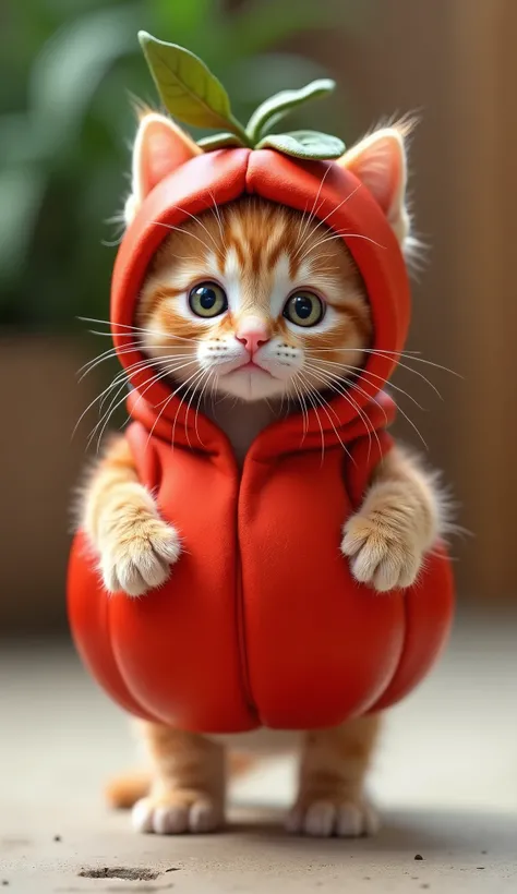 a cute kitten standing, in a tomato-shaped costume with hat, looking at the front, realistic