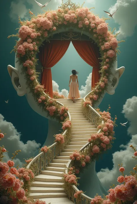 surrealism artwork, A woman in dress walking upstairs in the floating Victorian staircases with sculpture flower, a victorian theatre stage emerging from a sculpture womans head with flowers and clouds, inside the theatre stage presenting a dreamscape fill...