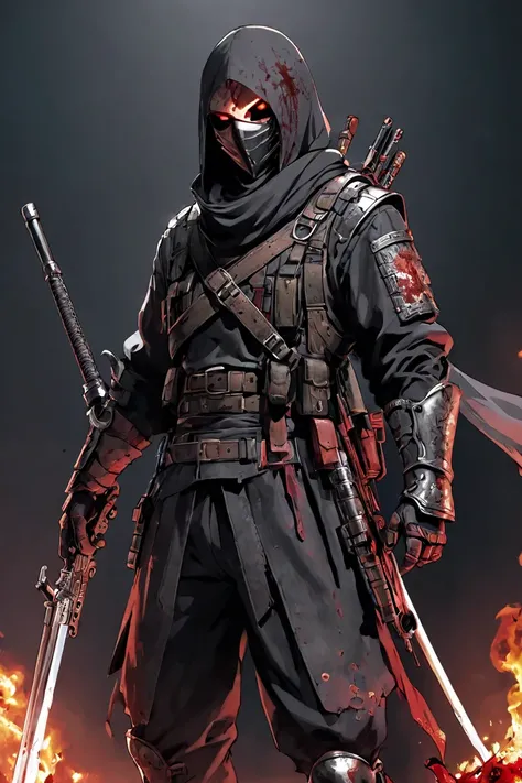 Mercenary man 、 remove the iron mask and put it on the left head、Eyes are flaming eyes、 bloody clothes and pants 、Night Battlefield、 sword with blood dripping in his right hand 、 remove the combat rifle 、 carrying a target rifle on their back、 high definit...