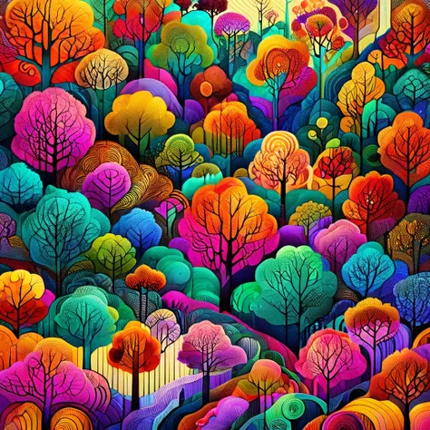 Best quality, high resolution, best composition, dynamic composition, zentangle style, colorful landscape painting, vibrant abstract landscape, close up of different colored tree tress, forest colors, fractal forest, colorful trees, psychedelic lush pine f...