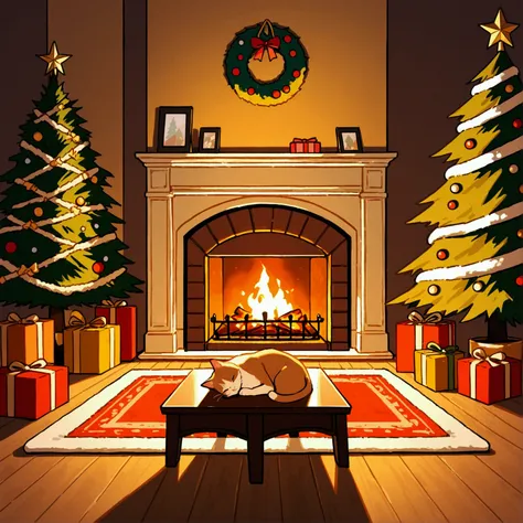 A Christmas tree in a nicely furnished living room, gifts under the tree, a cat sleeps peacefully on a rug by the fireplace