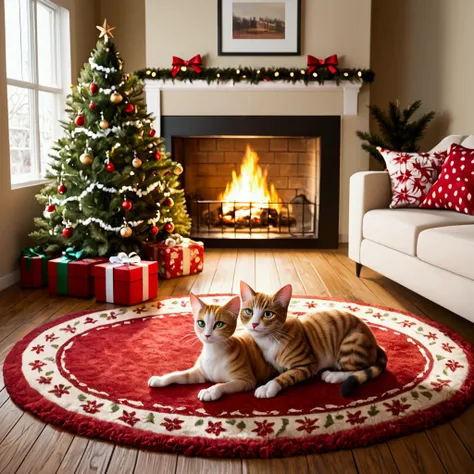 A Christmas tree in a nicely furnished living room, gifts under the tree, a cat sleeps peacefully on a rug by the fireplace
