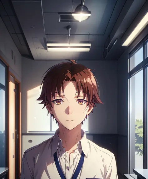 Ayanokoji Kiyotaka boy,  elegant posture , ,  classroom ,  soft lighting,  detailed facial features , standing in the classroom ,   looking at the camera , school uniform,  full body 