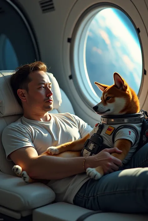 Elon Musk resting with DogTurbo Shiba aboard Space X  ,  DogTurbo Shiba is dressed in his spacesuit with his name written on the suit 