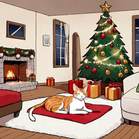 A Christmas tree in a nicely furnished living room, gifts under the tree, a cat sleeps peacefully on a rug by the fireplace
