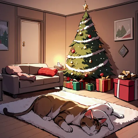 A Christmas tree in a nicely furnished living room, gifts under the tree, a cat sleeps peacefully on a rug by the fireplace
