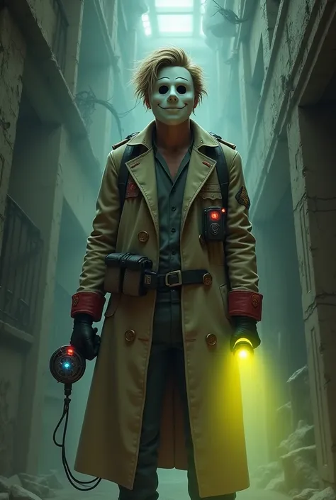 "A tall ghostbuster standing confidently in the middle of an eerie, abandoned mansion. He wears a beige trench coat with intricate red accents along the cuffs and collar, decorated with brass buttons that reflect dim light. His rugged belt holds ghost-hunt...