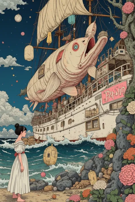 A large expanse of water in space, beautiful landscape. beautiful super gigantic huge realistic fish and chips. photogenic. focus fish and chips,close up gigantic fish and chips. girl wearing Victorian gown, British Decoration