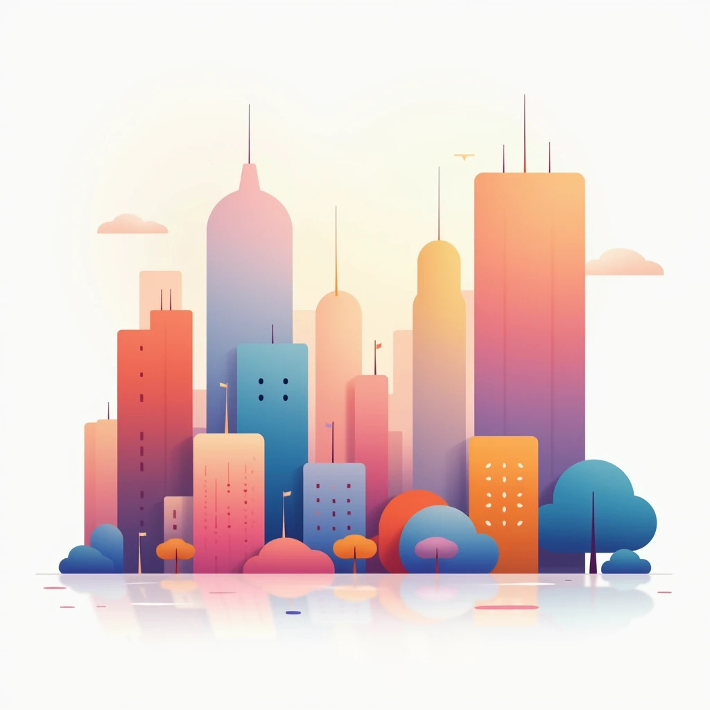 create a smooth abstract  multicoloured painting in flat 2d of a minimalist 2d city skyline  , outdoor, solid white background , 2d render, global illumination