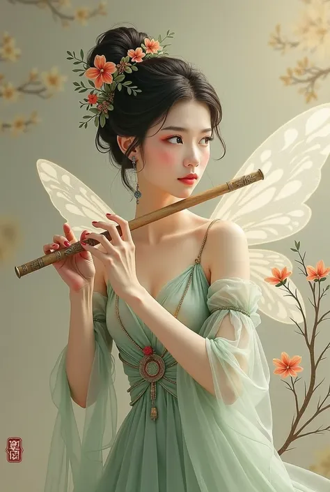 High quality,  of a fairy playing a flute,  showing only the upper body , Chinese painting style , An expression of a fairys representative ribbon head made of two circles by twisting fairy hair over a fairys head AND a fairy headband, 