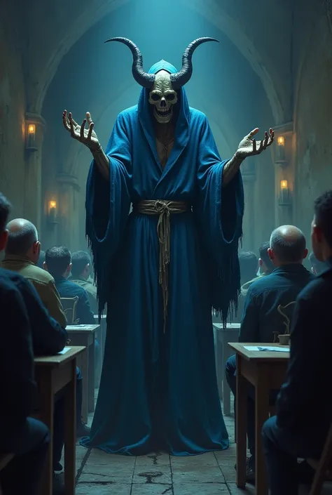 In a creepy classroom, a demonic monk is dressed in a blue burlap robe and teaches as a teacher and also men. 