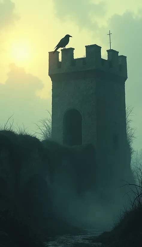 The final shot of the fortress exterior at dawn, eerily quiet, with no signs of life. A single crow perches on the broken tower, emphasizing the mystery.
