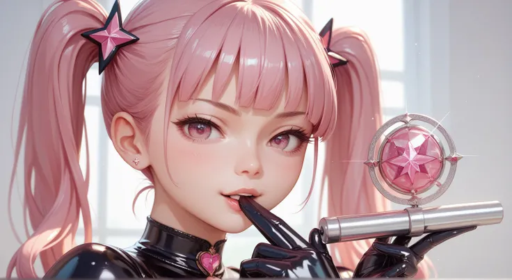 1girl, Masterpiece, Anatomically Correct, Twintails, Naughty, Tachi-e, Anime, blue and pink hair, Pink Eyes, Best Quality, Little, Holding a rifleSparkle, Anime Style, wearing latex