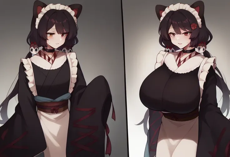 Hyper realistic, it1, flower, twintails, low twintails, very long hair, dog girl、 girl standing 、
choker, maid headdress, black kimono, wide sleeves, frills, Heart, white apron, sleeves past wrists, skirt, red skirt, perfect face, perfect lighting,, sexy f...