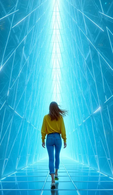 a woman, yellow shirt, walking inside a wireframe blue bright pyramid, bottom up view, intricate, realistic