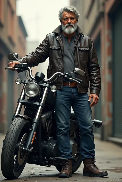 A biker guy with a sensible fashion standing next to his bike 