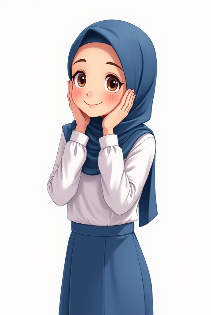 A high-definition, clear, and sharp illustration of a young Muslim female student (santriwati) in a detailed 2D aesthetics cartoon art style. The character is shown standing with both hands gently placed on her cheeks, as if resting her face in her palms w...