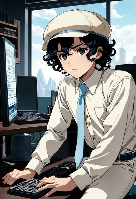 A boy with black hair, very curly, and wavy black eyes, wearing a white shirt with a cream colored newsboy cap and a light blue tie, and cream-colored pants with a light blue belt sits in front of a computer desk
