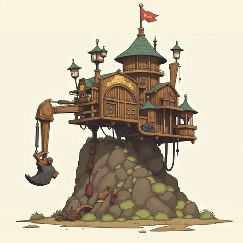 Excavation machinery, only machinery, no background, steampunk, wood and iron, no characters, minimalist, without much detail, dwarf machinery and globin