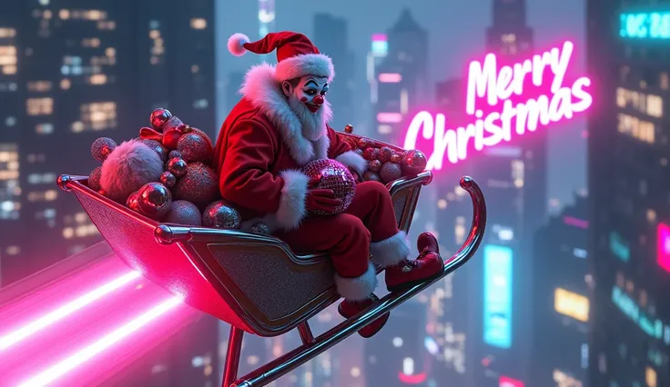 A dynamic scene with a clown dressed as a cyberpunk Santa riding a neon sleigh, holding a disco ball, and "Merry Christmas" glowing in metallic 5D text trailing behind.