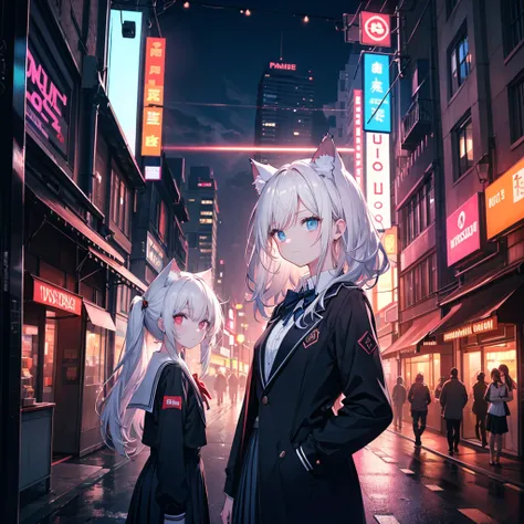 An anime-style scene set in a vibrant nighttime cityscape, alive with neon lights and bustling crowds. Two high school girls are locked in a dramatic face-off in the middle of a busy street. One of the girls is small and petite, with cat ears atop her head...