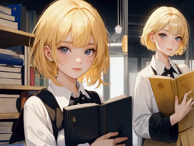 1 cute , with short golden hair, black eyes, cute facial expression, wearing school uniform, holding book