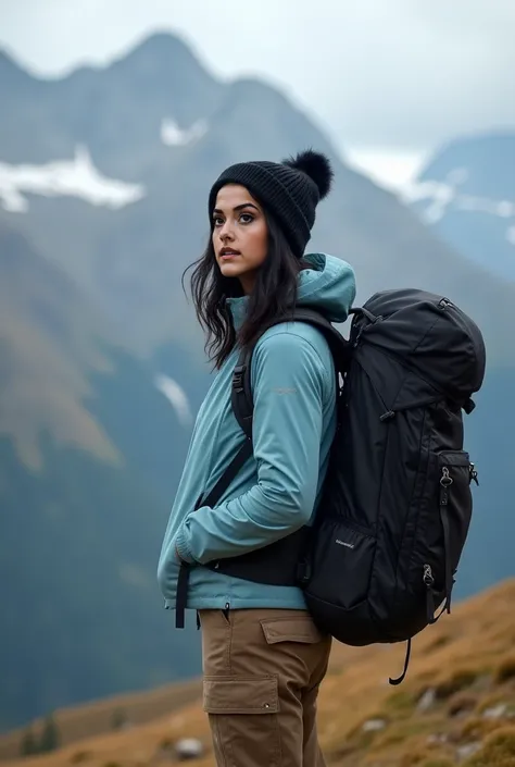   Real human photo, Fika is a 25 years woman with shoulder length  wavy  black hair and fair skin. She has well-defined eyebrows, large black eyes,  . Wearing plain light blue jacket, brown cargo pant, black beannie and carrying black big mountain backpack...