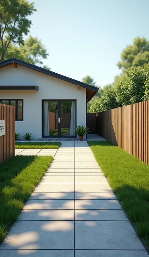 Photorealistic, a house with a yard with a cement ceramic floor and a fence made of wood 1 meter high. On the fence there is a sign that says "Beware of Fierce Dogs".