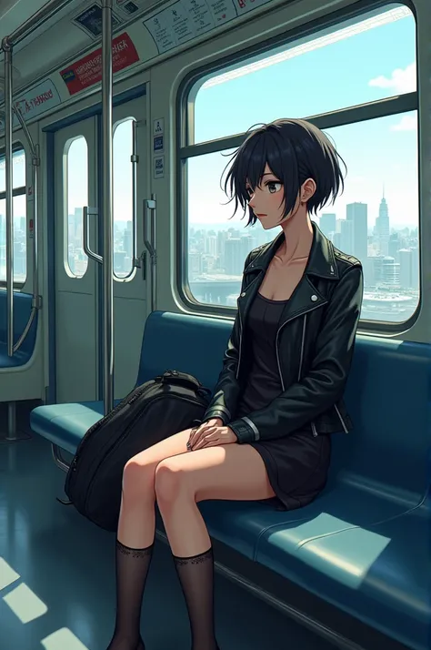 Manga style female character, sitting on a train wearing a knee-length black dress, black stockings and a short leather jacket 