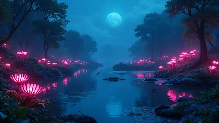 (best quality),night scene, a clear lake in an alien planet covered with plants with unknow origin and has bioluminescent flowers with neon-lit petals , dark.