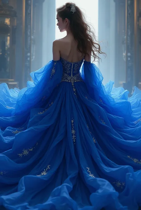 A 15-year-old girl wearing a large royal blue dress on her back that can be seen from head to toe,digital drawing type  ,  that you cant see his face 